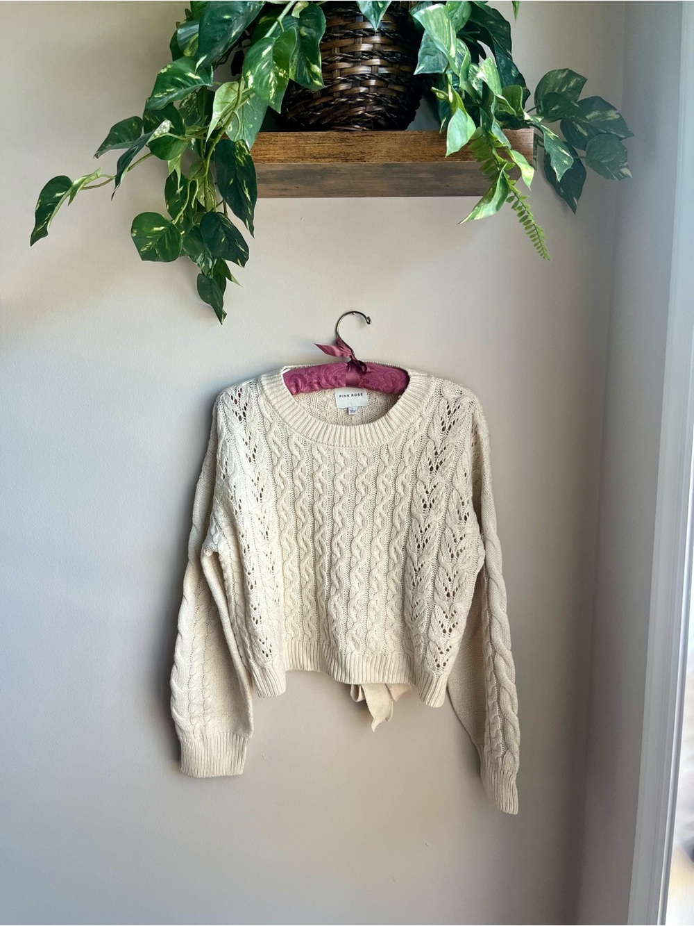 Pink Rose Cream Cable-Knit Crewneck Sweater